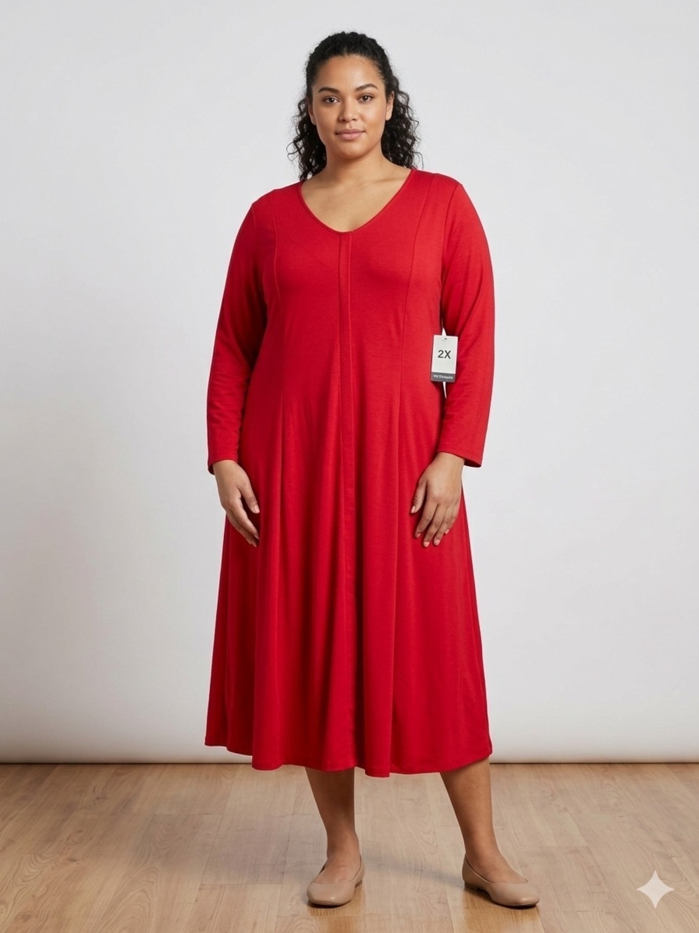 Paragon 2X Red Midi Dress with V-Neck Tailored Flare Career Dress